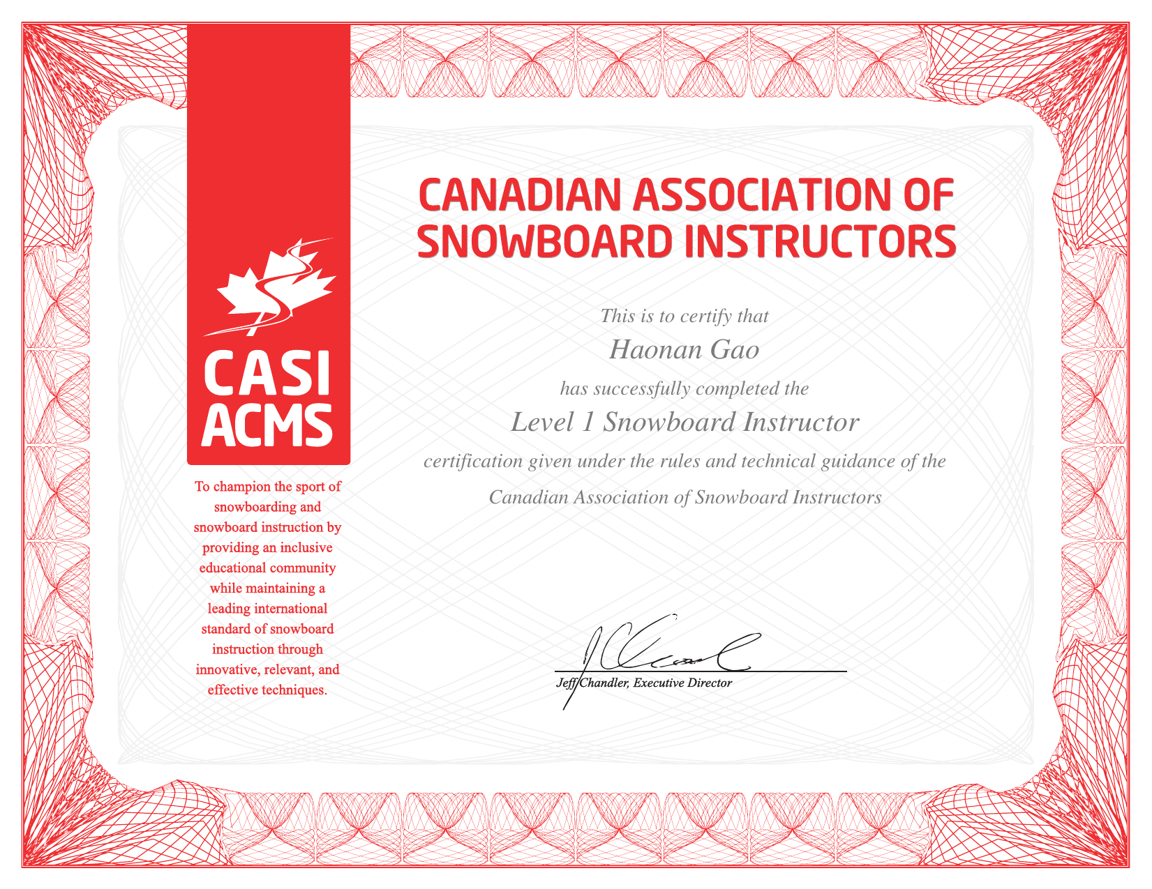 CASI Level 1 Snowboard Instructor certificate